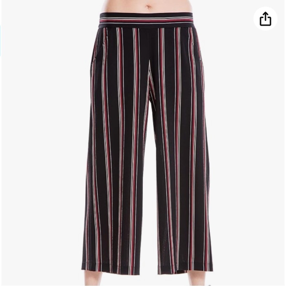 Max Studio Women M Black Red Striped Pockets Elastic Waist Wide Leg Cropped Pant